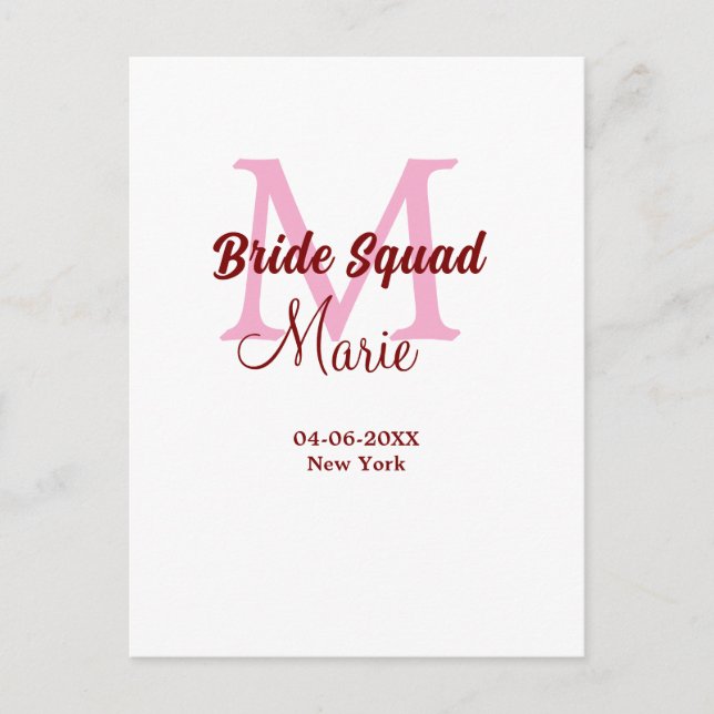 Brudgrupp lägg till namn monogram brudtärna rosa d vykort (Framsida)
