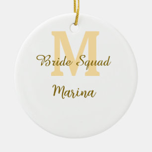 Brudgruppen monogram gyllene bröllopsdusch enkel julgransprydnad keramik