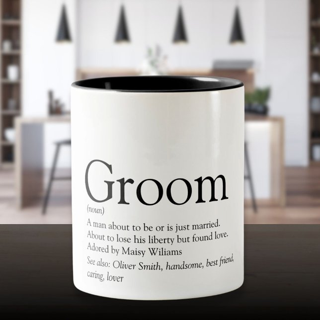 Brudgum Definition, Svärmaskerad, Bröllop Två-Tonad Mugg (Groom Definition, Stag Bachelor Party, Wedding Two-Tone Coffee Mug)