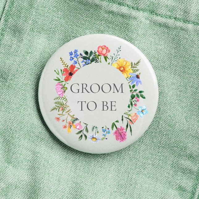 Brudgum med vildblomma på bröllop  knapp (Groom to be Wildflower Watercolor Floral Wreath Wedding Button)