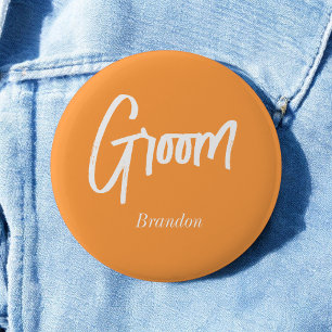 Brudgum Orange Vit Skrift Bröllop Knapp