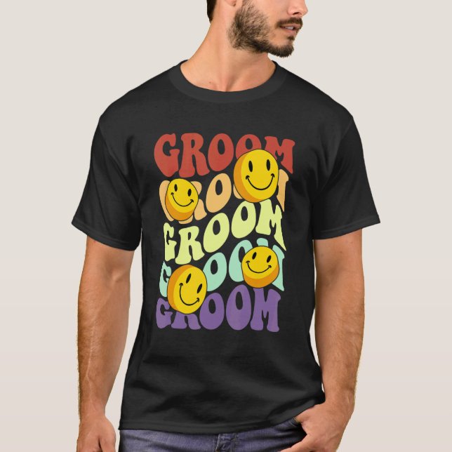 brudgum retro leende ansikte bröllopsfirande möhip t shirt (Framsida)