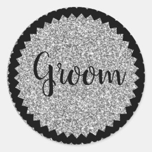 Brudgumme Silver Glitter Klassisk Rund Klistermärk Runt Klistermärke