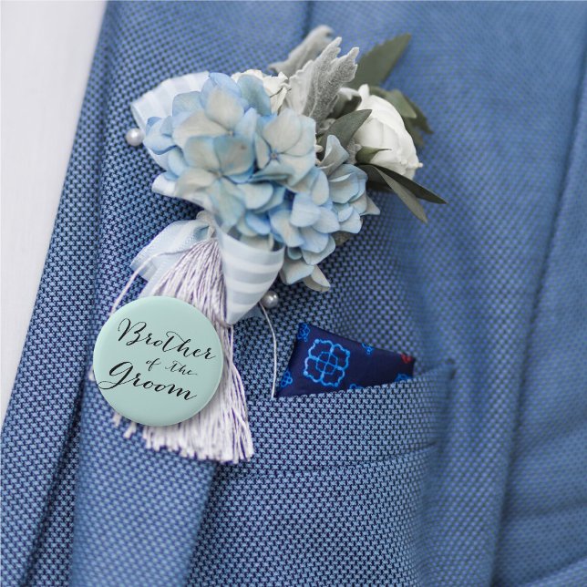 Brudgummens bror Klassisk manus Bröllopsfest Knapp ('Brother of the Groom' Classic Script Calligraphy Wedding Rehearsal Pin Button @ fatfatin_blue_knot)