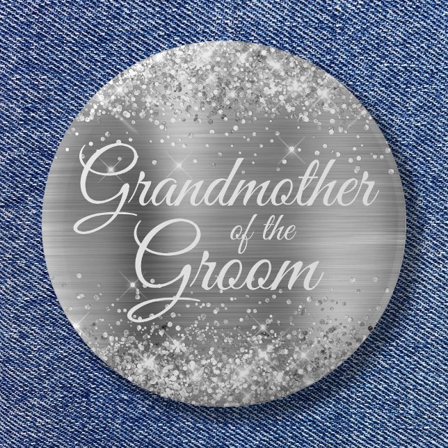 Brudgummens mormor Glittrande silverfolie Knapp (Grandmother of the Groom Glittery Silver Foil Button)
