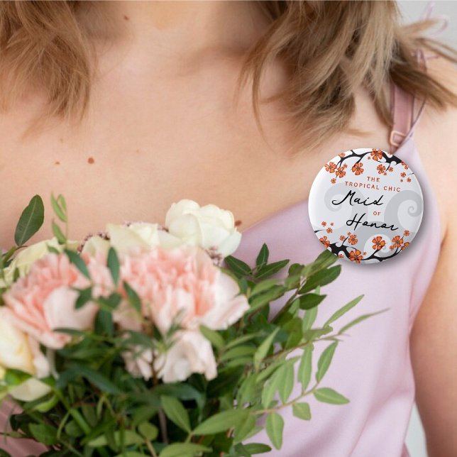 BRUDJUNGFRU Tropiska blommor Virvlar Elegant Bröll Knapp (MAID OF HONOR Hibiscus Fusion / Tropical Flowers Swirls Chic Wedding Pinback Button @ fat_fa_tin)