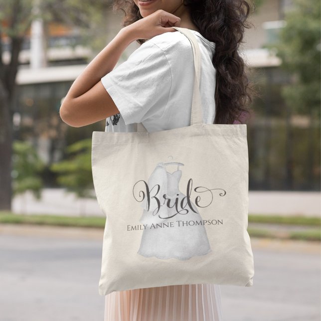 Brudklänning för den blivande bruden Anpassad Tygkasse (Bride to be custom calligraphy script wedding dress tote bag.)