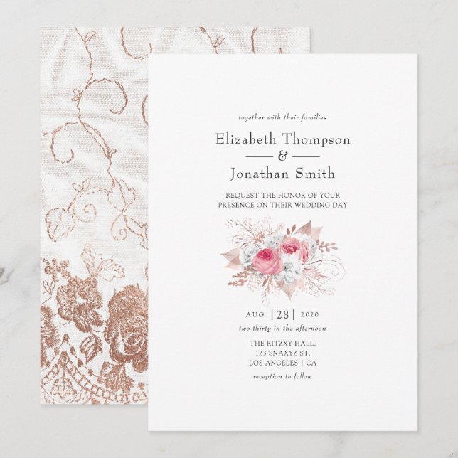 Brudklänning i rosapink och roséguld med blommor o inbjudningar (Fram/baksida)