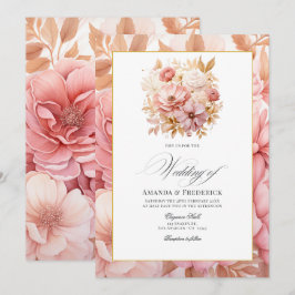 Brudklänning Rosa och Guld Blommig Bröllop Inbjudningar