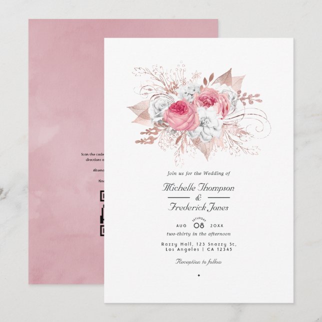 Brudklänning Rosa och Roséguld Blommig QR-kod Bröl Inbjudningar (Fram/baksida)