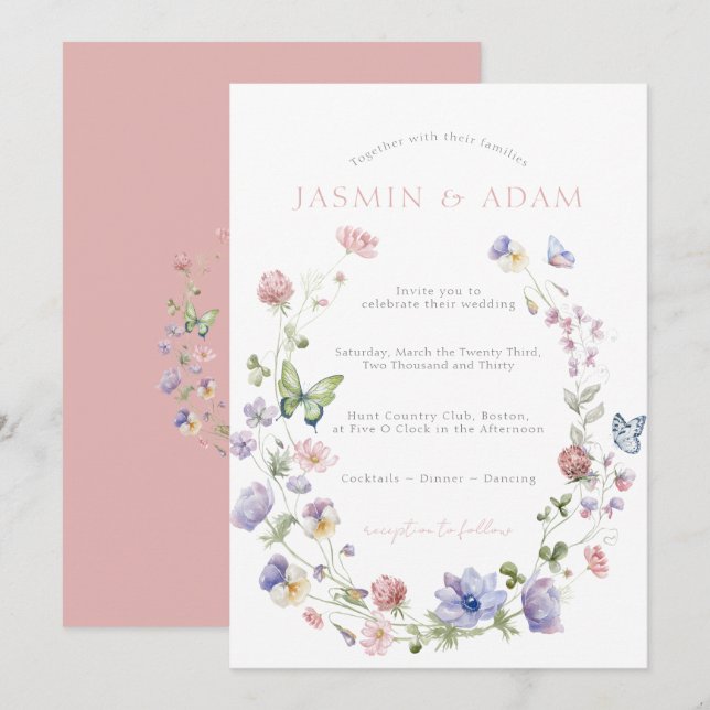 Brudklänning Rosa Vildblomma Fjäril Monogram Bröll Inbjudningar (Fram/baksida)