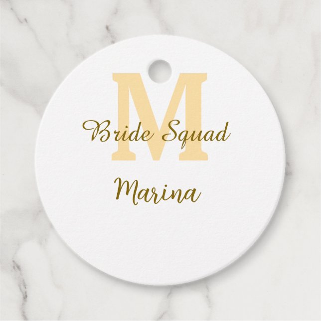 Brudklubb monogram gyllene bröllopsdusch enkel  gåvor etiketter (Framsida)