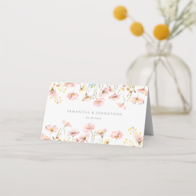 Brudkort med Rosa Vildblomma i Falt Design Placeringskort (Baksida)