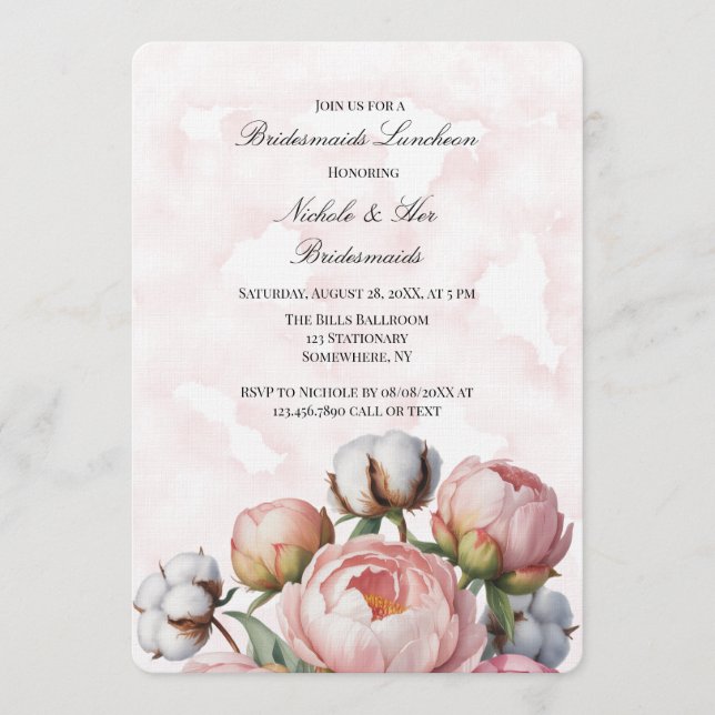 Brudkvinnor lunchen Rosa Peony och Bomull Inbjudningar (Framsida)