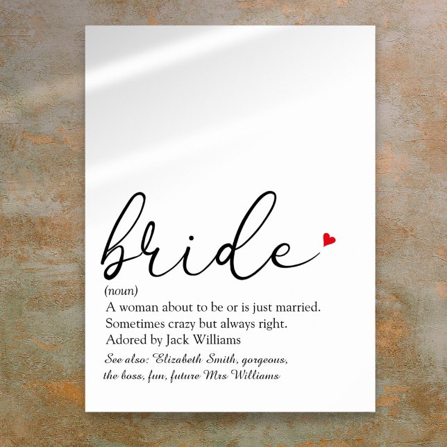 Brudmanus Definition Bröllopsfest Skylt (Script Bride Definition Bridal Shower Sign)