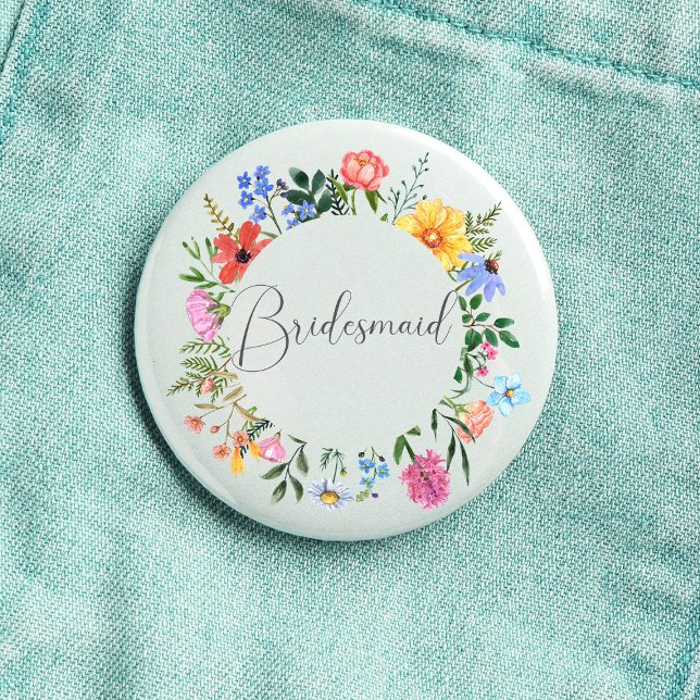 Brudnäbbskript Bröllop  Knapp (Bridesmaid  Wildflower Watercolor Floral Wreath Wedding Button
)