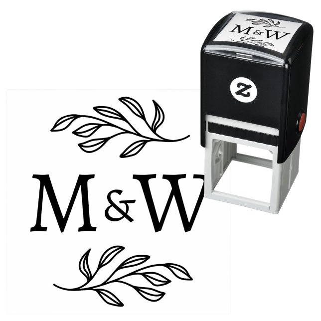 Brudpar Monogram Elegant Botanisk Självfärgande Stämpel (Modern wedding couple monogram logo initials self inking stamp with botanical leaf sprig)