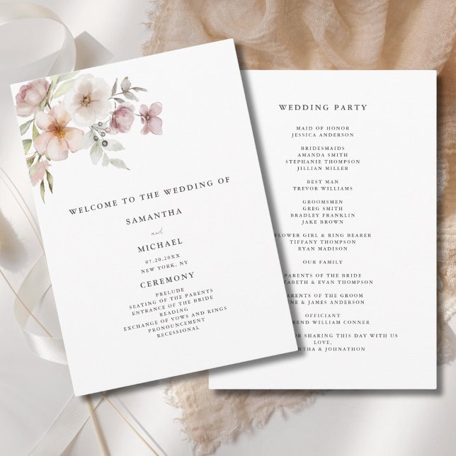 Brudros i Rosa Akvarell Blommor Program (Skapare uppladdad)