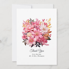 Brudros i rosa och guld med blommor tack kort
