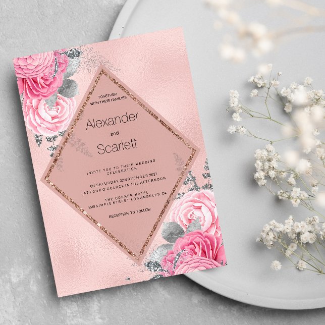 Brudros silver glitter pion floral bröllop  inbjudningar (Blush pink silver glitter peony floral Wedding)