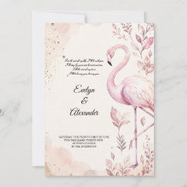 Brudrosa Flamingo Vattenfärg Guld Bröllop Inbjudningar