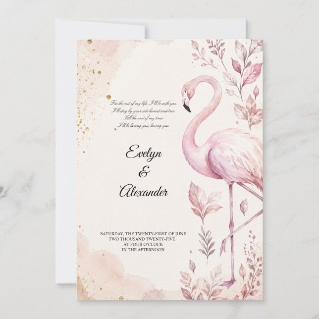 Brudrosa Flamingo Vattenfärg Guld Bröllop  Inbjudningar (Framsida)