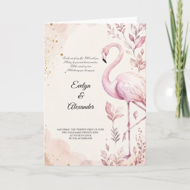 Brudrosa Flamingo Vattenfärg Guld Bröllop  Kort (Framsida)