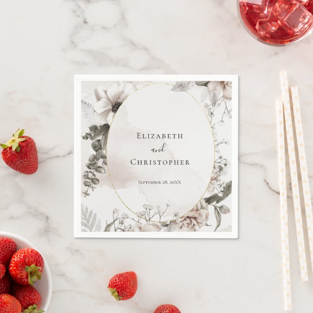 Brudrosa Grå Blommig Akvarell Bröllop Pappersservett (Insitu)