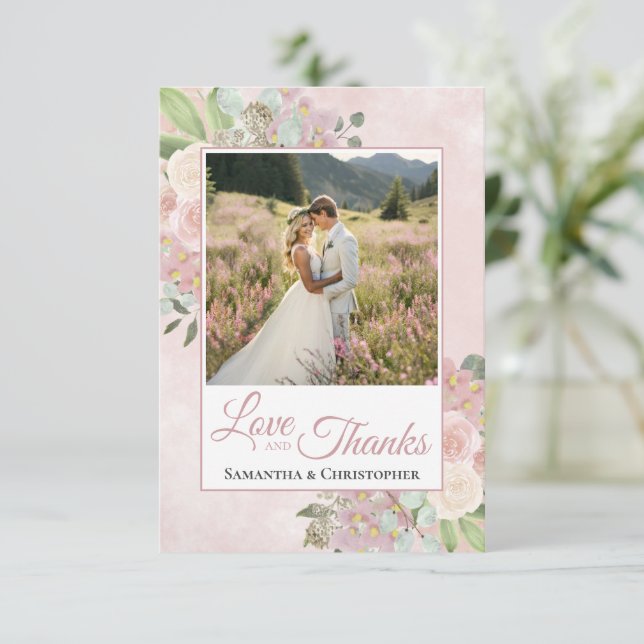 Brudrosal Rosa & Mauve Blommig Kärlek & Tacksamhet Tack Kort (Stående Fram)
