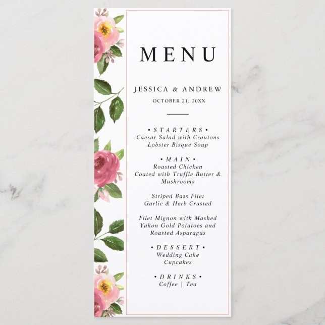 Brudrosamling med pastellrosa blommor i akvarellst meny (Framsida)