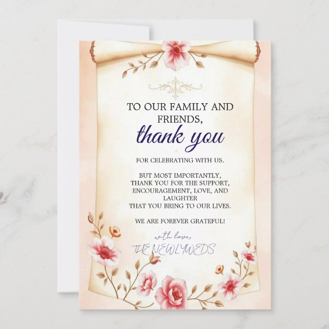 Brudrosaskär bröllopskort med blommor tack kort (Framsida)