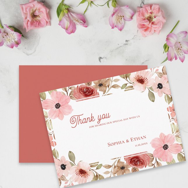 Brudrosaskär trädgårdstema Blommig tacksamhetskort Vykort (Blush Pink Garden Theme Floral Wedding Thank You Postcard)