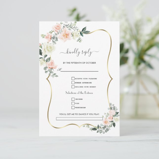 Brudrosaskära Vita Blommor Guld Önskevisa Bröllop OSA Kort (Stående Fram)