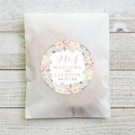Brudrosasklipp Guld Blommig Boho Monogram Bröllop Runt Klistermärke