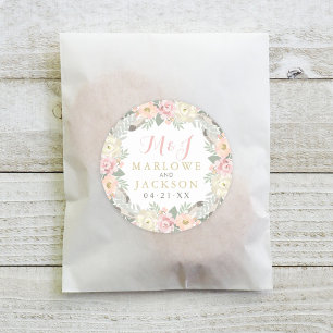 Brudrosasklipp Guld Blommig Boho Monogram Bröllop Runt Klistermärke