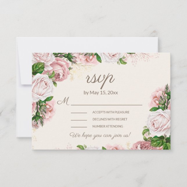 Brudrosé Blommig Bröllop RSVP Kalligrafi Skrift OSA Kort (Framsida)