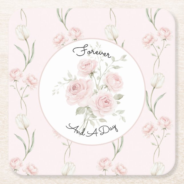 Brudrosor Rosa Blush Tulpaner Bröllop Underlägg Papper Kvadrat (Framsidan)