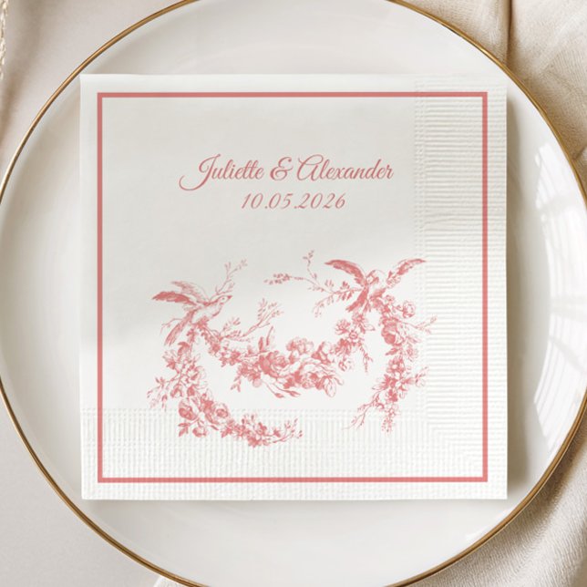 Brudservietter i rosa Toile de Jouy Pappersservett (Skapare uppladdad)