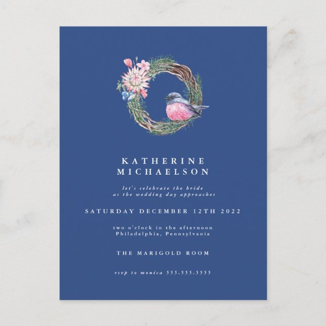 BRUDSHOWER | Vattenfärg Vinter Sparvkrans Vykort (Framsida)