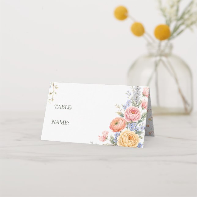Brudslöja Pastell Färg Blommor Blommig Boho Bröllo Placeringskort (Framsida)