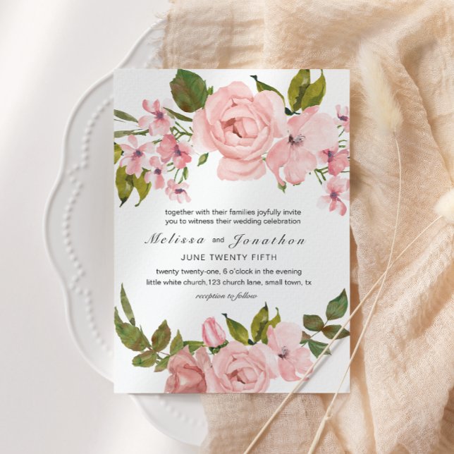 Brudslöja Rosa Rosor Elegant Blommig Bröllop Inbjudningar (Skapare uppladdad)