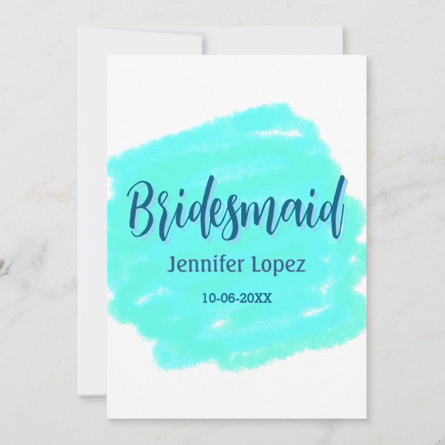 Brudtärna blågrön akvarell med namn datum stil inbjudningar (Framsida)