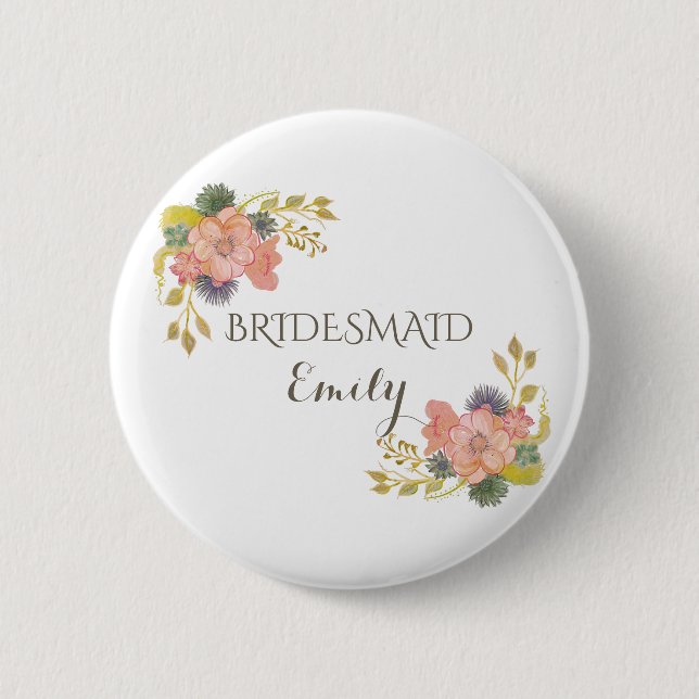 Brudtärna Blommig Akvarell Vintage Elegant Boho Knapp (Framsida)