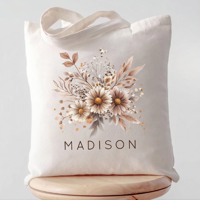 Brudtärna | Boho Blommig Sjungningsfest Namn Tygkasse (Whimsical Fall Floral Script Name Bridesmaid | Mother’s Day | Wedding | Birthday Tote Bag gift)