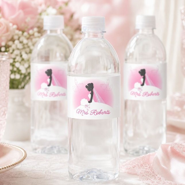 Brudtärna Brud Siluett Bröllopsfest Vattenflaskor Etikett (Bachelorette Party Bride Silhouette Bridal Shower Water Bottle Label)