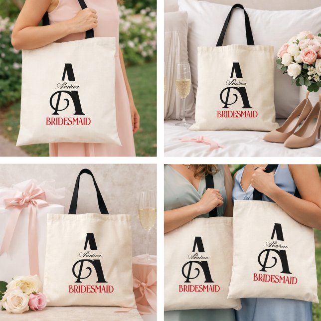 Brudtärna Elegant Monogram Svart Röd Typografi Tygkasse (Bridesmaid Elegant Monogram Black Red Typography Tote Bag)