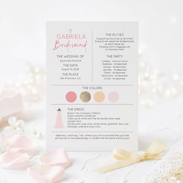 Brudtärna Förslag & Information (Pink and Gold Bridesmaid Proposal Information Card)