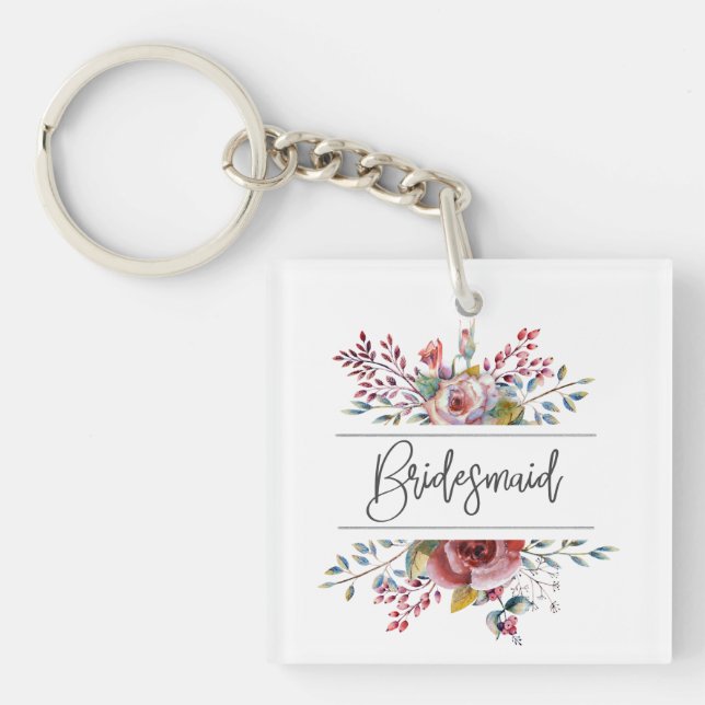 Brudtärna Fyrkantig Nyckelring med Rosa Blommor (Framsidan)
