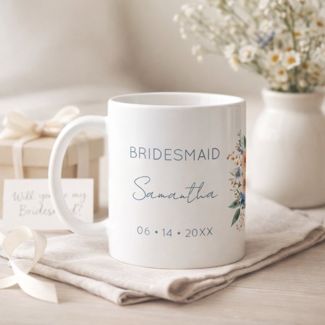 Brudtärna Gåva Blå Blommig Personlig Kaffemugg (Skapare uppladdad)