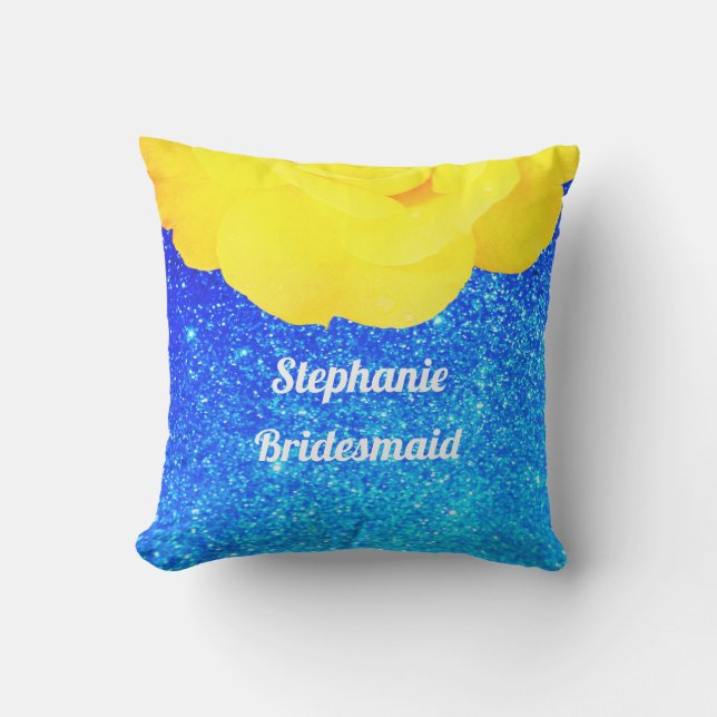 Brudtärna Gul Blommig Blå Glitter Bröllop Kudde (Framsida)